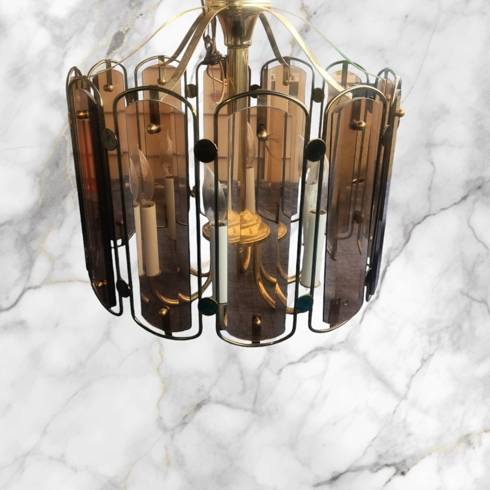 Beautiful vintage chandelier with  smoky glass mirror panel